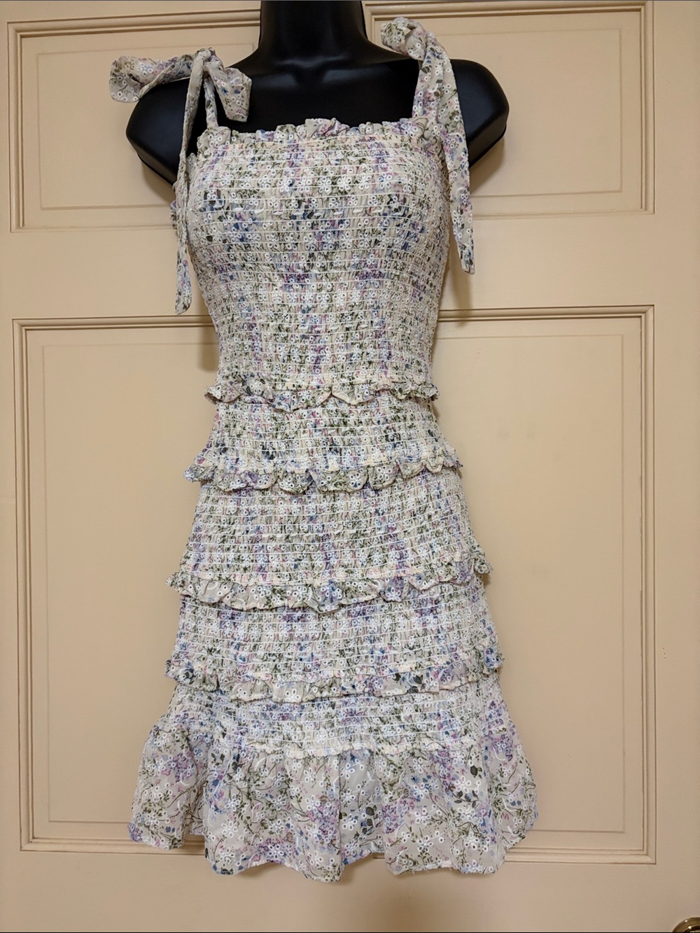 Floral Smocked Tiered Sundress - White with Pastel Florals